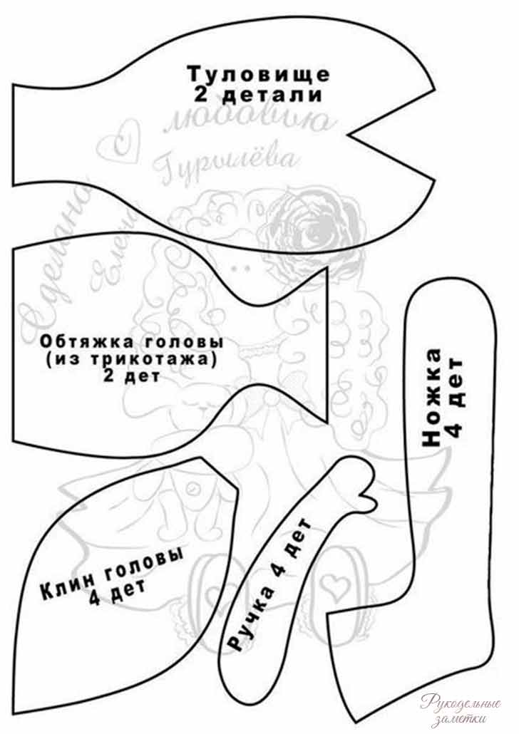 Выкройка куклы с головой из клиньев 1